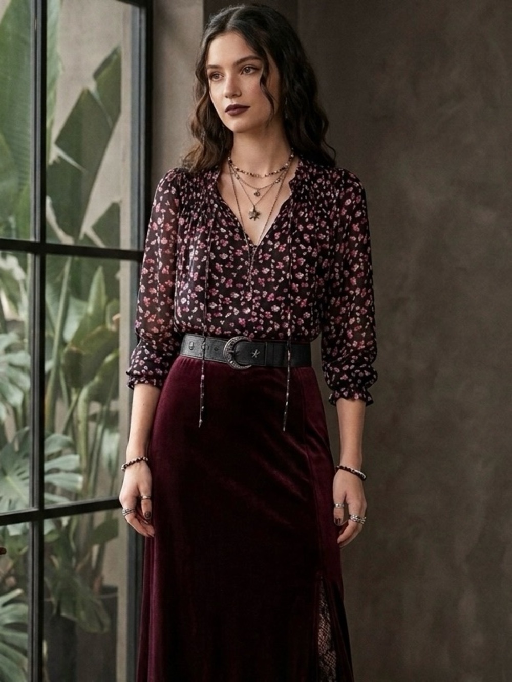 Rose & Olive Whimsigoth Blouse with Pink Floral Print and Smocked Neck US XS